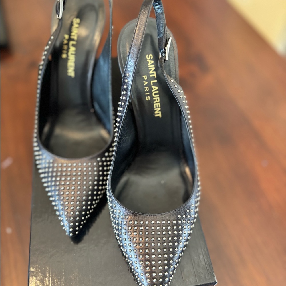 Elegant Saint Laurent Black Studded Slingback Heels - Picture 2 of 7